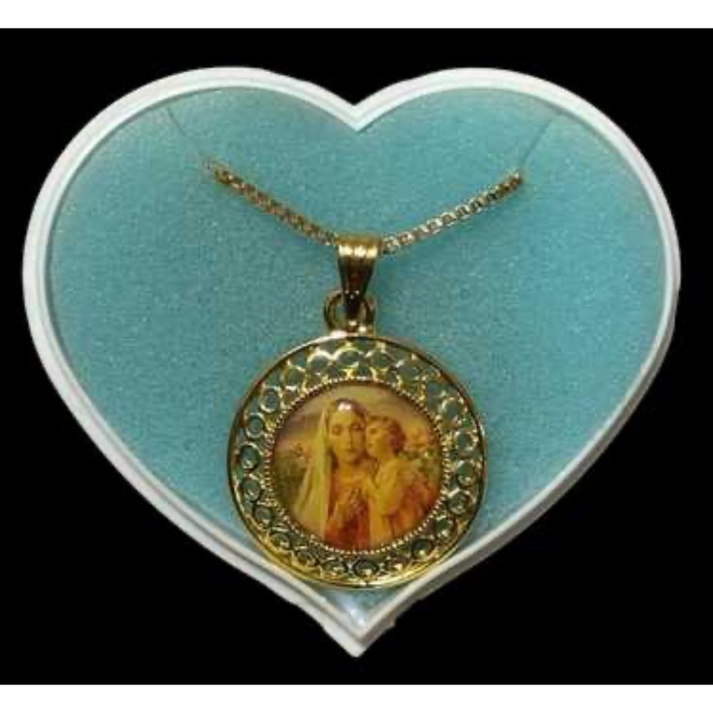 Pretty Vintage Goldtone Decal Madonna Mary and Child Goldtone Pendant Necklace